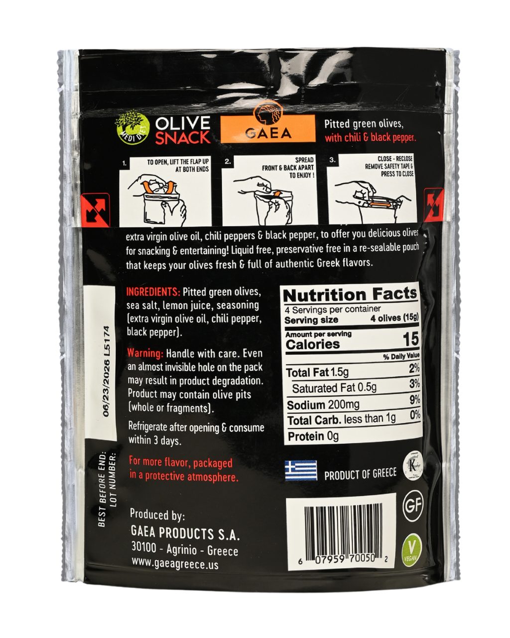 GAEA Green Olives Marinated with Chili & Pepper share pack 150g