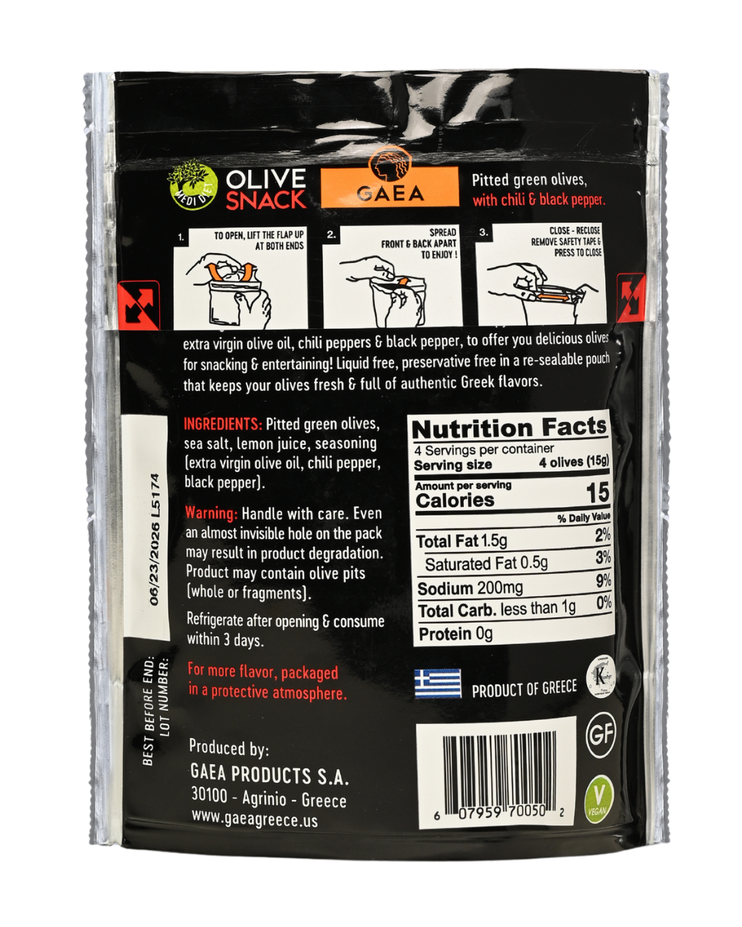 GAEA Green Olives Marinated with Chili & Pepper share pack 150g